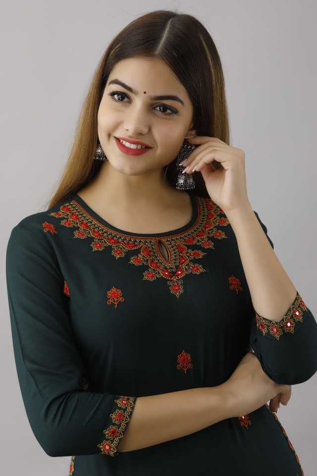 Women Embroidered Rayon Straight Kurta  (Dark Green)